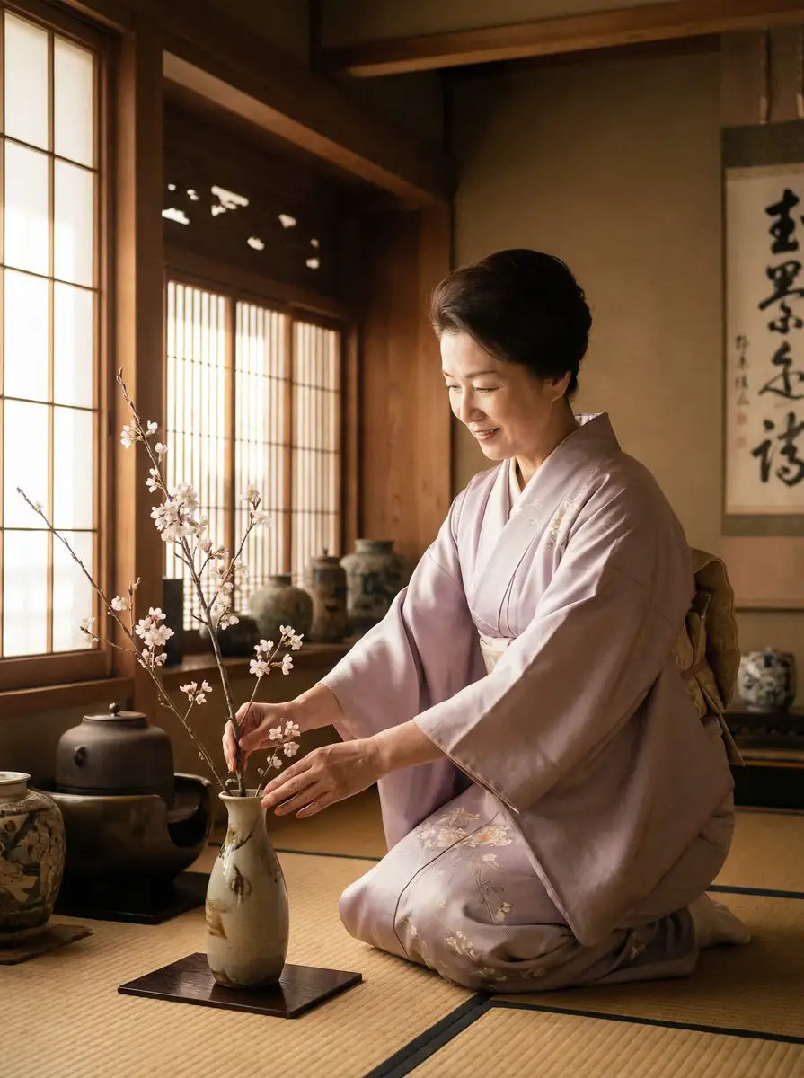 一位优雅的 乱伦小说 在和室中插花